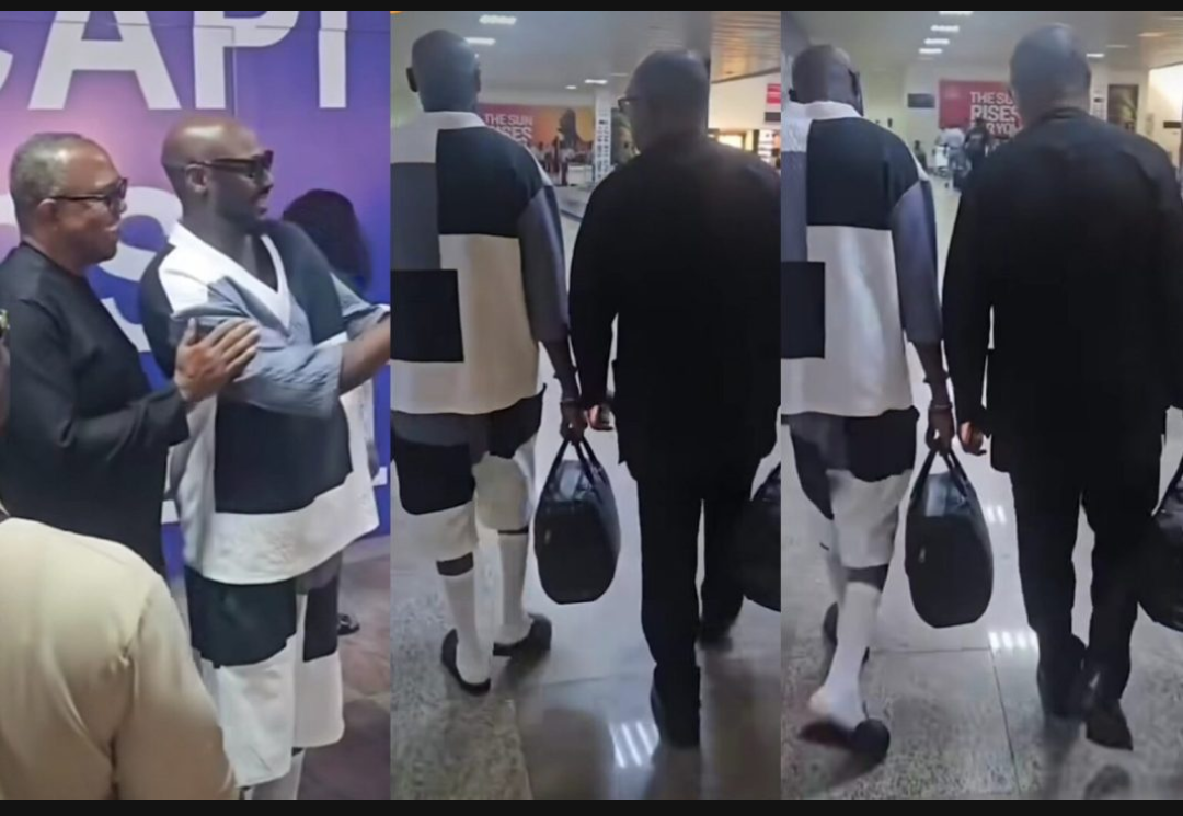 ”Plenty of impactful and massive knowledge” – 2baba writes as he meets Peter Obi at the airport, helps him carry his bag